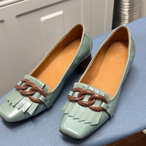 Stylish Aqua Loafers with Brown Chain-style Accent